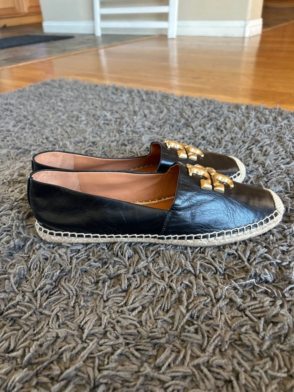 Tory Burch ELEANOR ESPADRILLE Black Leather Espadrille Flats with Gold Logo
